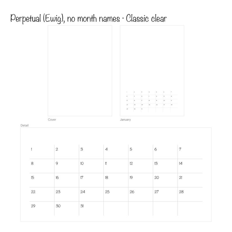Ewiger Kalender ohne Monatsnamen im Design Classic clear: leeres Cover und Tagesraster 1–31 mit feinen Linien – A3-Blankokalender, völlig frei gestaltbar
