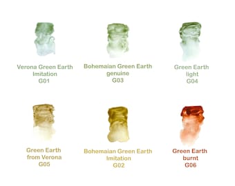 Earth Pigments – Green Earth | Natural green earth watercolor set, handmade granulating paint, earthy greens, monochrome palette, half pans