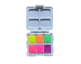 Mini Neos | Mini travel watercolor set – 6 neon colors, 3D printed palette with mixing lid, stackable, quarter pans, handmade