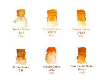 May include: Swatches of watercolor paint in shades of ochre and sienna. Each swatch is labeled with the color name and a code number. The colors range from light yellow-brown to a deep reddish-brown.