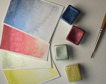 Glimmering Watercolor Collection - Set of 4 Shimmering Metallic Colors | Artist Half Pan Set, Highly Pigmented