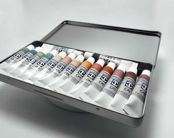 Vintage Watercolor Collection – 15×5 ml Handmade Paint Tubes in Metal Tin; Neutral & Warm Tones – High‑Pigment Artist Palette