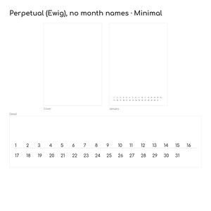 Ewiger Kalender ohne Monatsnamen im Design Minimal: leeres Cover und schlichte Zahlenzeile 1–31 – A3-Blankokalender, maximaler Gestaltungsfreiraum