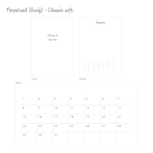 Ewiger Kalender (Perpetual) im Design Classic soft: Cover „Pictures of Your Year“, Januarseite und Tagesraster 1–31 in Handschrift-Optik – A3, jedes Jahr verwendbar