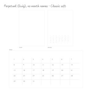 Ewiger Kalender ohne Monatsnamen im Design Classic soft: leeres Cover und Tagesraster 1–31 in Handschrift-Optik – A3-Blankokalender, völlig frei gestaltbar
