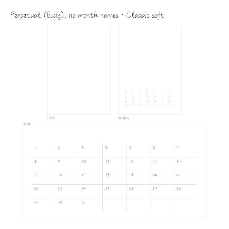 Ewiger Kalender ohne Monatsnamen im Design Classic soft: leeres Cover und Tagesraster 1–31 in Handschrift-Optik – A3-Blankokalender, völlig frei gestaltbar