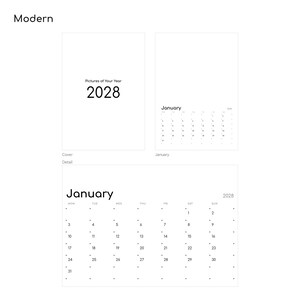 Design Modern im Überblick: Cover mit großer Jahreszahl 2028, Januarseite und luftiges Punktraster-Kalendarium – A3-Blankokalender