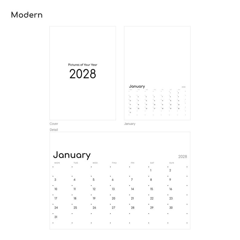 Design Modern im Überblick: Cover mit großer Jahreszahl 2028, Januarseite und luftiges Punktraster-Kalendarium – A3-Blankokalender