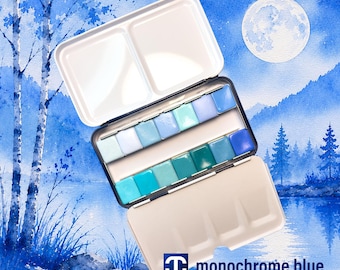 Monochrome Blue – Handmade Watercolor Set | 14 Blue Shades, matte & vibrant, vegan | artist gift, metal tin