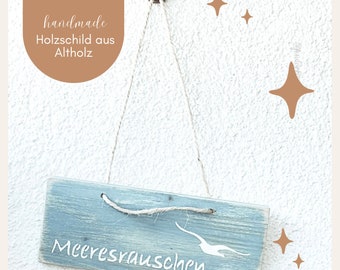 The sound of the sea in blue with a seagull motif - cozy wooden sign - for decoration with beautiful raffia cord for hanging