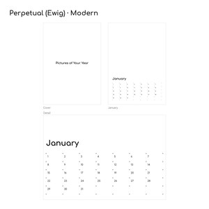 Ewiger Kalender (Perpetual) im Design Modern: Cover „Pictures of Your Year“, Januarseite und Punktraster mit Tageszahlen 1–31 – A3, jedes Jahr verwendbar