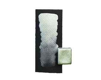 Può includere: Un campione di pittura ad acquerello metallizzato su carta nera, che mostra una sfumatura da argento chiaro a grigio scuro. Una pastiglia di vernice verde metallizzato quadrata è accanto al campione. La vernice ha una finitura brillante e perlescente.