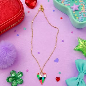 Colorful Patchwork Heart Necklace | Gold Heart Pendant Necklace | Kawaii Jewelry | Color Block Heart Charm | Cute Gift for Her