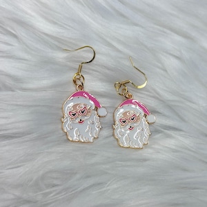 Pink Santa Earrings – Cute Christmas Holiday Jewelry with Heart Sunglasses, Festive Santa Claus Dangles