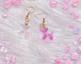 Pink & Iridescent Balloon Dog Earrings – Kawaii Girly Dangle Earrings, Cute Coquette Jewelry, Pastel Y2K Fairy Kei Accessory, Gift for Her