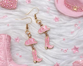 Pink Cowboy Boot Earrings, Western Cowgirl Hat Boot Dangle Earrings, Cute Country Jewelry, Rodeo Outfit Accessory, Cowgirl Gift