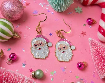 Pink Santa Dangle Earrings: Christmas Holiday Jewelry