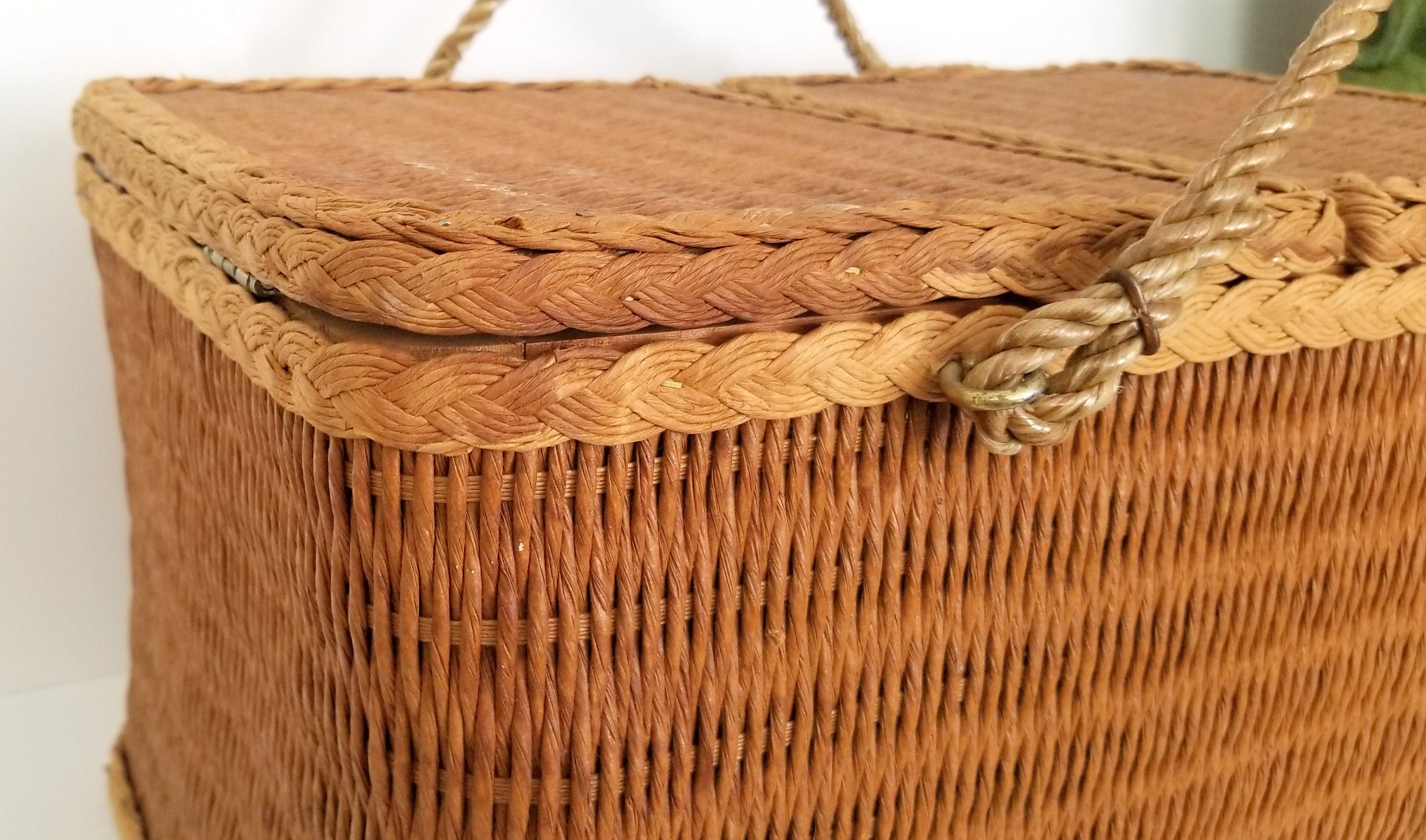 Vintage Hamper Style Woven Picnic Basket with Rope Handles Etsy