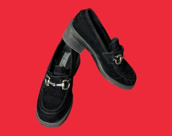 90s vintage black velvet platform loafers