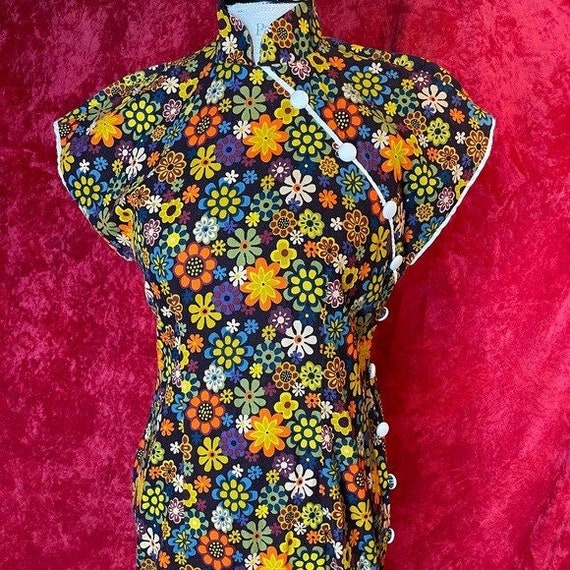 Vintage 60s corduroy floral cheongsam dress - image 1