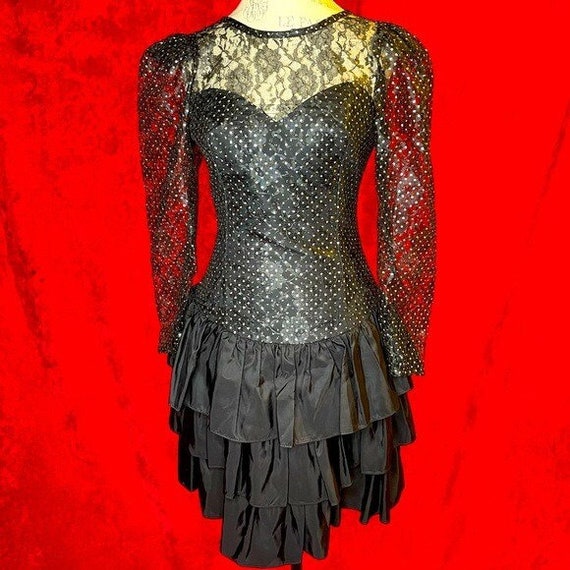 Vintage 80s black polka dot lace ruffle dress - image 1