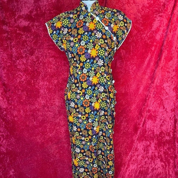 Vintage 60s corduroy floral cheongsam dress - image 6