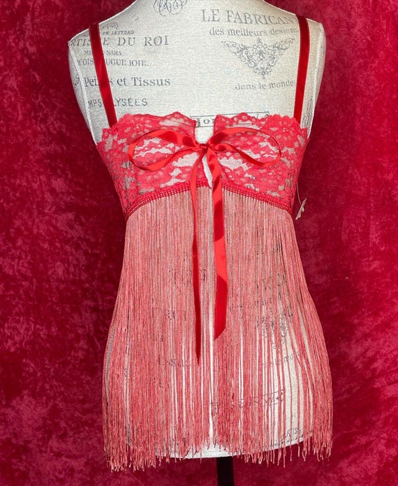 Vintage red fringe burlesque lingerie piece - image 2
