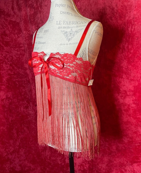 Vintage red fringe burlesque lingerie piece - image 1