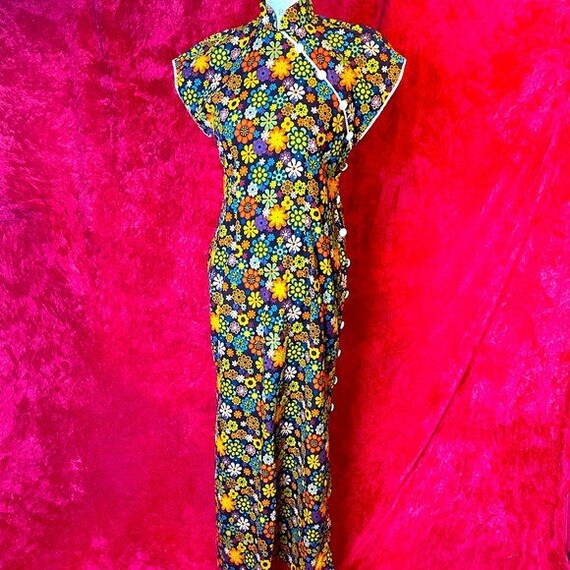 Vintage 60s corduroy floral cheongsam dress - image 2