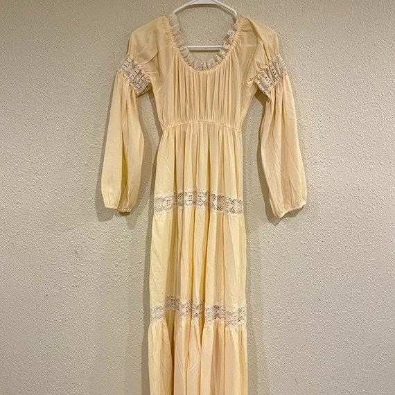 60s vintage nylon cream lace hippie maxi dress - image 2