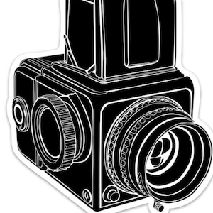May include: A black and white illustration of a medium format camera with a lens and a viewfinder. The camera is a classic design with a boxy body and a large lens.