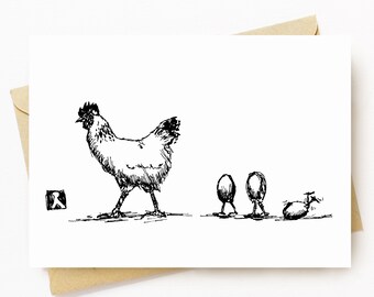Greeting Card With A Pen /& Ink Drawing Of A Chicken Walking Her Egg Chicks 5 x 7 Inches BellavanceInk