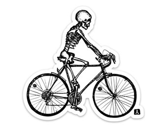 BellavanceInk Skeleton Grooving Down The Street Listening To Music and Drinking A Coffee Vinyl Sticker Hand Drawn Illustration