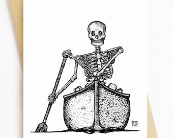 BellavanceInk Skeleton Grooving Down The Street Listening To Music and Drinking A Coffee Vinyl Sticker Hand Drawn Illustration