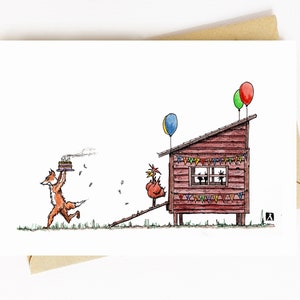 BellavanceInk: Birthday Card With Crafty Fox Stealing The Hens Birthday Cake Pen & Ink Watercolor Illustration 5 x 7 Inches