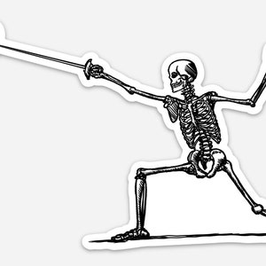 May include: A sticker featuring a black and white illustration of a skeleton in a fencing stance, aiming a sword at a red heart. The skeleton is in a dynamic pose, with one leg extended and the other bent.