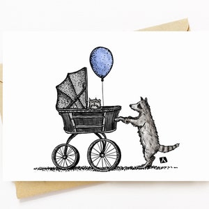 BellavanceInk: Nueva tarjeta de bebé con mapache mamá y pluma de cachorro y tinta Ilustración de acuarela 5 x 7 pulgadas