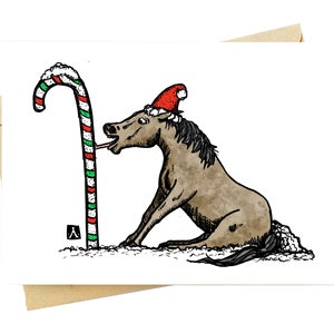 BellavanceInk: Tarjeta de Navidad con un caballo congelando su lengua en un bastón de caramelo de 5 x 7 pulgadas