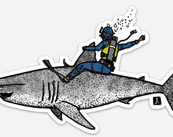 BellavanceInk: Scuba Diver Riding Rodeo On A Great White Shark Vinyl Sticker Illustration