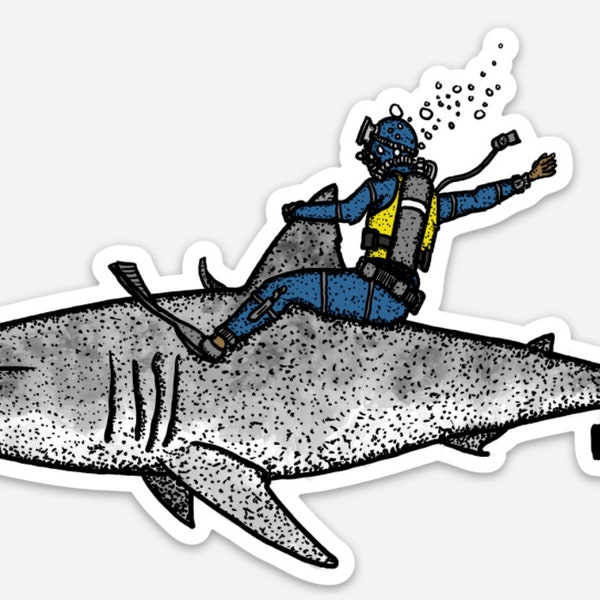 BellavanceInk: Scuba Diver Riding Rodeo On A Great White Shark Vinyl Sticker Illustration