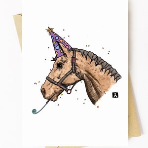 BellavanceInk: Carte d’anniversaire avec cheval prêt pour une fête Stylo et encre Aquarelle Illustration 5 x 7 pouces