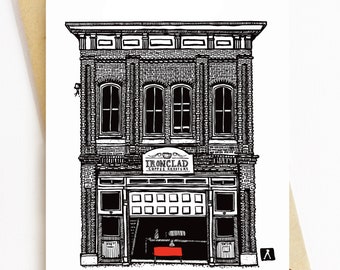 BellavanceInk: Cultural Landmark Greeting Card With A Pen & Ink Drawing Of Ironclad Coffee In Richmond Virginia 5 x 7 Inches