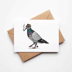 BellavanceInk: Cartão comemorativo com pombo de Nova York indo para o trabalho, ilustração em aquarela com caneta e tinta, 13 x 18 cm