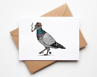 BellavanceInk: Greeting Card With New York City Pigeon Walking To Work Pen & Ink Watercolor Illustration 5 x 7 Inches