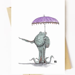 BellavanceEncre : Carte de vœux avec dessin à la plume et à l’encre d’une pieuvre tenant un parasol de parapluie 5 x 7 pouces