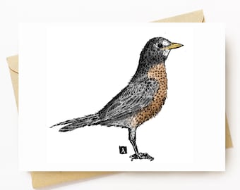 BellavanceInk: Greeting Card With An American Robin Pen & Ink Watercolor Illustration 5 x 7 Inches