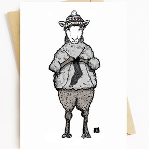 Encre Bellavance : plume et encre/aquarelle avec mouton tricoté à partir de sa propre laine 5 x 7 carte de voeux