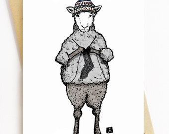BellavanceInk: Feder und Tinte/Aquarell mit Schafen, die aus ihrer eigenen Wolle stricken, 5 x 7 Grußkarte