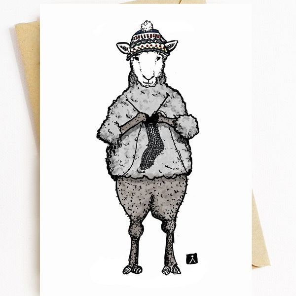 BellavanceInk: Pen & Ink/Watercolor With Sheep Knitting From Her Own Wool 5 x 7 Greeting Card