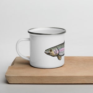BellavanceInk: Emaille Kaffeetasse mit Stift & Tintenzeichnung von Regenbogenforelle oder Bachforelle Nur Handwäsche